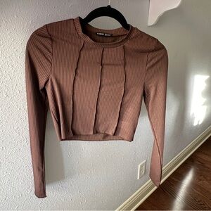 Shein Women's Seamed Long Sleeve Crop Top in Brown Size SMALL